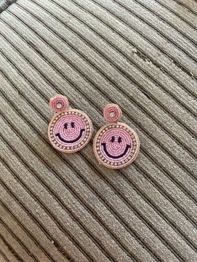 Pink Beaded Smiley Face Drop Earrings